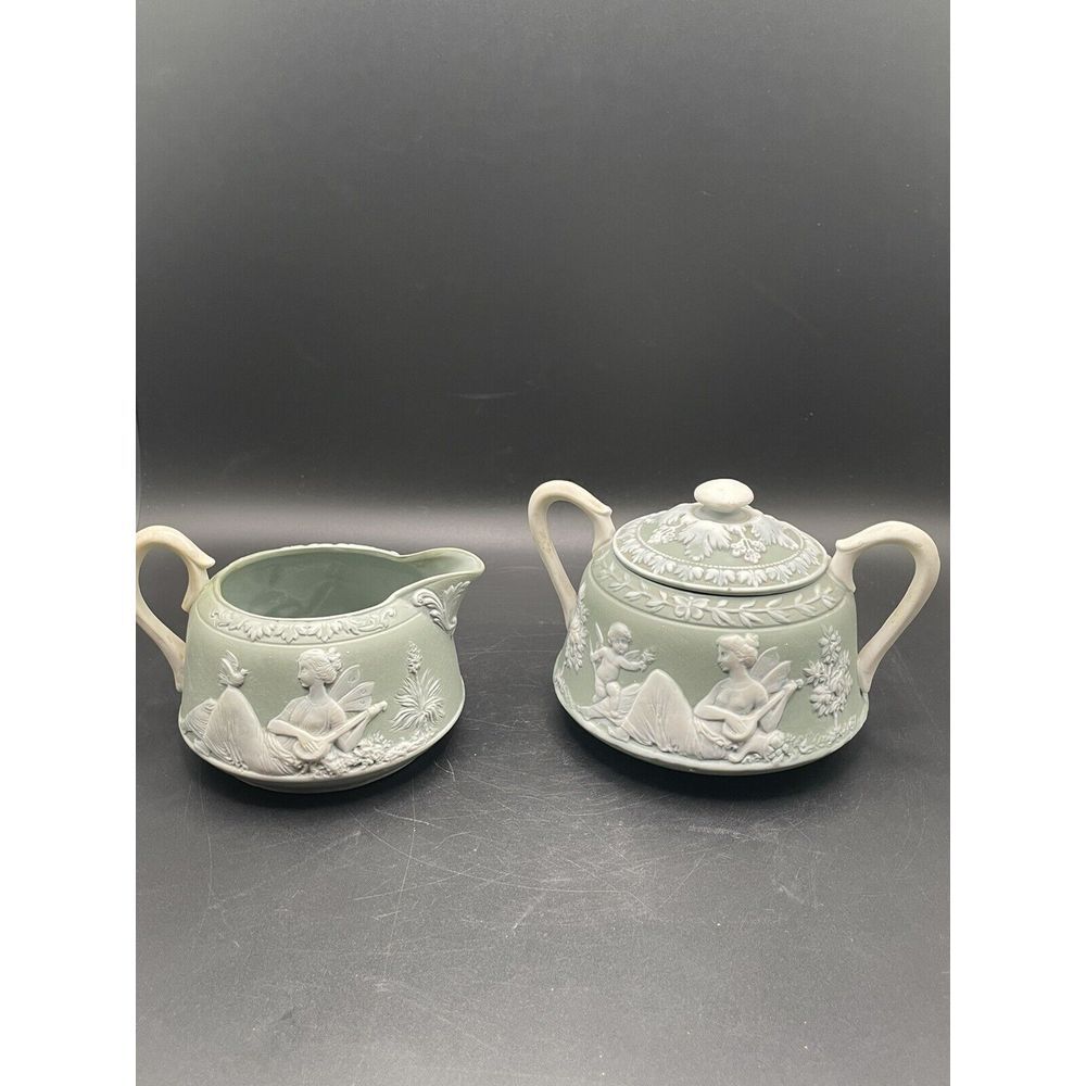 Rare Schafer & Vater Jasperware‎ Creamer & Sugar Bow Fairy 1920's Germany